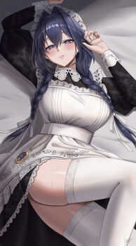 1girl absurdres apron bed_sheet black_dress blue_eyes blue_hair blush braid breasts commentary dress embroidered_dress embroidery empire_waist fanged_bangs frilled_apron frilled_hat frills hair_between_eyes hair_intakes hair_over_shoulder hat heart heart-shaped_pupils highres hololive juliet_sleeves large_breasts long_hair long_sleeves looking_at_another looking_at_viewer low_twin_braids lying maid maid_apron mob_cap official_alternate_costume official_alternate_hairstyle on_back ouro_kronii ouro_kronii_(maid) puffy_sleeves puritan_collar rayn3 solo symbol-shaped_pupils twin_braids victorian_maid virtual_youtuber white_apron white_hat