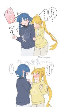 2girls ahoge blonde_hair blue_hair blush bocchi_the_rock! closed_eyes commentary_request grey_sweater highres ijichi_nijika look4_osagashi mole mole_under_eye multiple_girls open_mouth pants red_eyes short_hair side_ponytail simple_background speech_bubble sweat sweater tickling translation_request twitter_username white_background white_pants yamada_ryo yellow_sweater yuri