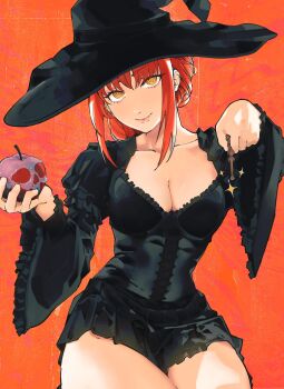 1girl apple black_corset black_dress black_hat breasts chainsaw_man cleavage closed_mouth corset dakaeya dress food fruit hat highres holding holding_food holding_fruit holding_wand long_sleeves looking_at_viewer makima_(chainsaw_man) medium_breasts orange_background red_hair ringed_eyes short_dress sidelocks smile solo wand wide_sleeves witch witch_hat yellow_eyes