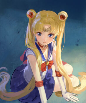 Rule 34 | 1girl, bishoujo senshi sailor moon, bishoujo senshi sailor moon s, blonde hair, blue background, blue eyes, blue sailor collar, blue skirt, bow, bowtie, breasts, choker, cleavage, commentary request, crescent, crescent earrings, earrings, jewelry, kneeling, knees, light blush, long hair, looking up, meme, mizore akihiro, parted lips, red bow, red bowtie, red choker, sailor collar, sailor moon, sailor moon redraw challenge (meme), sailor shirt, shirt, sitting, skirt, solo, thighs, twintails, white shirt, yokozuwari
