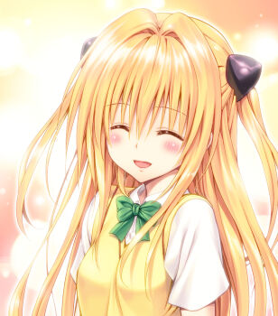 10s 1girl :d ^_^ blonde_hair closed_eyes colorized female_focus hair_ornament highres konjiki_no_yami long_hair open_mouth reference_work school_uniform smile solo sweater_vest to_love-ru to_love-ru_darkness very_long_hair yabuki_kentarou yamaiwa_shuuhai
