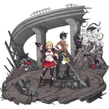 Rule 34 | 2girls, ahoge, animal ear fluff, animal ears, arm pouch, arm tattoo, armor, ass, backless shirt, belt, black belt, black boots, black collar, black fur, black hair, black jacket, black pants, black thighhighs, blonde hair, blush, boots, bow, bowtie, breasts, breasts apart, brown shoes, butt crack, cellphone, chainsaw, chainsword, charm (object), checkered clothes, checkered skirt, claws, closed mouth, collar, collared shirt, crop top, dark-skinned female, dark skin, dog ears, dog girl, donut, fangs, flower, food, frog, full body, fur-trimmed jacket, fur trim, hair between eyes, hand on own hip, haru estia, headphones, heart, high heel boots, high heels, highres, holding, holding phone, holding sword, holding weapon, horns, impossible clothes, impossible shirt, jacket, large breasts, last origin, leg up, legs apart, linea alba, listening to music, looking at viewer, looking back, looking to the side, mary janes, median furrow, miniskirt, monster, multiple girls, muscular, muscular female, navel, non-web source, official alternate costume, official alternate eye color, official alternate skin color, official art, on rock, open clothes, open jacket, open mouth, pants, patch, phone, pink flower, plate armor, pleated skirt, purple horns, red bow, red bowtie, red eyes, red skirt, ribbed shirt, rubble, ruins, shirt, shoes, short hair, shoulder blades, sideboob, sidelocks, single horn, skindentation, skirt, sleeveless, sleeveless shirt, smartphone, smile, soulworker, spiked collar, spikes, standing, steel beam, sword, sword on back, tachi-e, tattoo, teeth, thighhighs, tongue, torn clothes, torn shirt, torn thighhighs, transparent background, two-tone fur, u-rix, upper teeth only, vargr (last origin), weapon, weapon on back, white fur, white shirt, wolf, zettai ryouiki