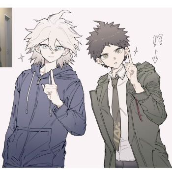 !? 2boys ahoge black_hoodie brown_hair danganronpa_(series) danganronpa_2:_goodbye_despair green_eyes green_jacket green_necktie grey_eyes grey_hair hair_between_eyes hand_up highres hinata_hajime hood hood_down hoodie index_finger_raised jacket komaeda_nagito male_focus multiple_boys necktie open_clothes open_jacket seailand short_hair smile spiked_hair teeth