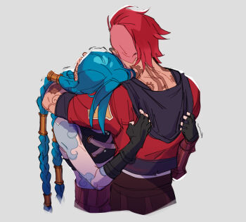 Rule 34 | 2girls, absurdres, arcane: league of legends, arcane jinx, arcane vi, arm tattoo, asymmetrical hair, back tattoo, black gloves, blue hair, braid, cass-a-rollie, cloud tattoo, commentary, elbow gloves, english commentary, fingerless gloves, gloves, highres, hip tattoo, hood, hoodie, hug, jinx (league of legends), league of legends, low twin braids, multiple girls, neck tattoo, red hair, red hoodie, short sleeves, shoulder tattoo, siblings, sidecut, sisters, tattoo, trembling, twin braids, undercut, vi (league of legends)