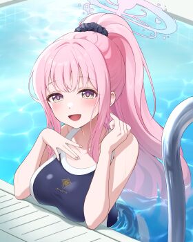 1girl absurdres blue_archive blue_one-piece_swimsuit blush breasts collarbone hair_ornament hair_scrunchie highres large_breasts looking_at_viewer mika_(blue_archive) oh_gong05 one-piece_swimsuit open_mouth pink_hair ponytail poolside purple_eyes scrunchie smile solo swimsuit