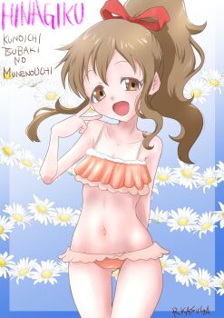 1girl absurdres arm_behind_back bikini blue_background brown_eyes brown_hair character_name collarbone copyright_name cowboy_shot dot_nose female_focus flower frilled_bikini frills gradient_background hand_up highres hinagiku_(kunoichi_tsubaki_no_mune_no_uchi) kunoichi_tsubaki_no_mune_no_uchi long_hair looking_at_viewer matching_hair/eyes open_mouth orange_bikini ponytail rurito0725 sidelocks simple_background smile solo standing straight-on swimsuit v