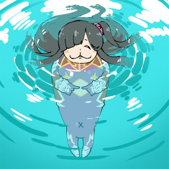 1girl :3 blush_stickers bodysuit covered_navel full_body hair_over_one_eye ichimonji_meiko long_hair manatee meme parody pun shiny_clothes shiny_skin side_ponytail simple_background skin_tight solo spinning_seal_(meme) swimming taimanin_(series) taimanin_rpgx taimanin_suit taimanun very_long_hair water what