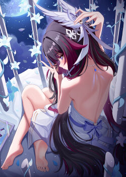 1girl absurdres aichinaigai arm_up back bare_legs bare_shoulders barefoot birdcage black_hair cage closed_mouth colored_inner_hair columbina_(genshin_impact) commentary_request dress feet fingernails from_above from_behind genshin_impact hair_ornament hand_up highres legs long_hair looking_at_viewer looking_back median_furrow multicolored_hair purple_eyes purple_hair shoulder_blades sitting soles solo streaked_hair toes very_long_hair white_dress wing_hair_ornament yokozuwari