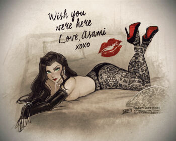 1girl artist_name asami_sato ass avatar_legends bed black_gloves black_hair black_panties bracelet breasts character_name commentary earrings elbow_gloves english_commentary english_text feet_up fingerless_gloves fishnet_pantyhose fishnets full_body gloves green_eyes high_heels highres iahfy jewelry large_breasts lipstick_mark long_hair looking_at_viewer lying necklace on_bed on_stomach panties pantyhose pearl_bracelet pearl_necklace pillow red_lips red_shirt shirt smile solo the_legend_of_korra the_pose topless_female underwear xoxo