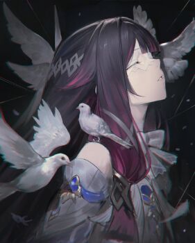 1girl animal animal_on_shoulder bird bird_on_shoulder black_background black_hair chinese_commentary chromatic_aberration closed_eyes columbina_(genshin_impact) commentary_request dove eye_mask facing_to_the_side from_side genshin_impact head_wings highres long_hair mask mmj multicolored_hair parted_lips solo streaked_hair upper_body white_mask wings