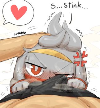1boy ambiguous_gender anger_vein angry animal_ears animal_hands artist_name blush bulge erection erection_under_clothes furry gen_8_pokemon half-closed_eye hand_on_another's_head hanuvo heart highres male_underwear nintendo pokemon pokemon_(creature) pov pov_crotch pov_hands precum rabbit rabbit_ears raboot red_eyes simple_background smell smelling smelling_clothes smelling_penis smelling_underwear speech_bubble spoken_heart steam steaming_body sweat trembling underwear white_background