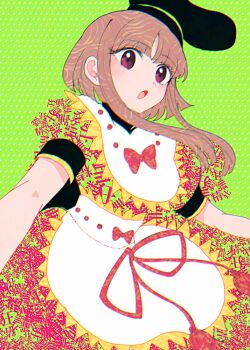 1girl :o apron black_hat blunt_bangs bow brown_hair calligram commentary_request dress green_background hat itomugi-kun long_hair nishida_satono open_mouth puffy_short_sleeves puffy_sleeves purple_eyes red_bow red_dress red_ribbon ribbon short_sleeves sidelocks solo touhou white_apron