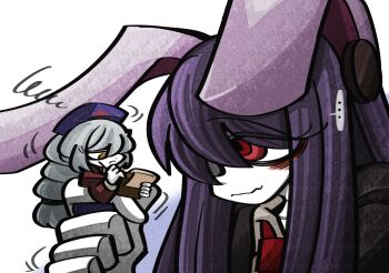 ... 2girls animal_ears annoyed black_jacket black_suit clipboard doctor experiment formal_clothes giant giantess grey_hair hat holding jacket long_hair looking_at_another physical_examination multiple_girls necktie nurse_cap purple_hair rabbit_ears red_eyes reisen_udongein_inaba suenari_(peace) suit touhou writing yagokoro_eirin yellow_eyes