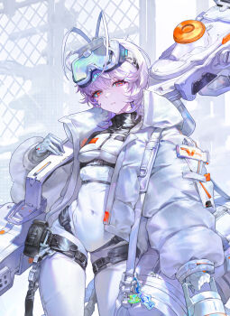 1girl absurdres bodysuit boots breasts commentary covered_navel doksa english_commentary goggles goggles_on_head hair_between_eyes highres jacket looking_at_viewer medium_breasts original pink_eyes purple_hair short_hair solo thighs white_bodysuit white_jacket