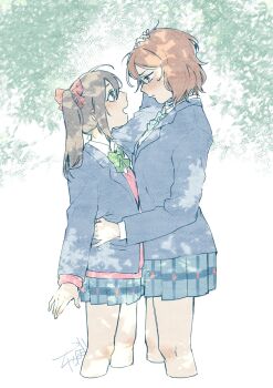 Rule 34 | 2girls, black hair, black jacket, blush, bow, bowtie, cardigan, chabo (starchabo), commentary request, day, green bow, green bowtie, green skirt, hand on another's head, hand on another's waist, highres, jacket, love live!, love live! school idol project, medium hair, multiple girls, nishikino maki, open mouth, otonokizaka school uniform, outdoors, pink cardigan, plaid clothes, plaid skirt, pleated skirt, red hair, school uniform, skirt, smile, twintails, yazawa nico, yuri