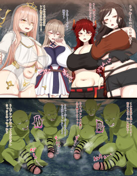 4boys 4girls 9x2no18 absurdres bar_censor blonde_hair blush breasts brown_hair censored clothed_female_nude_male dola_(nijisanji) embarrassed furen_e_lustario goblin goblin_male highres huge_breasts huge_penis huge_testicles japanese_text long_hair monster multiple_boys multiple_girls nijisanji nude nui_sociere open_mouth penis red_hair shirayuki_tomoe sitting sweat testicles veins veiny_penis virtual_youtuber