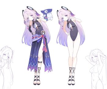 1girl bare_shoulders black_leotard braid breasts citlali_(genshin_impact) cleavage clothing_cutout commentary cryo_symbol_(genshin_impact) facial_mark feathers fingernails floating_headgear forehead_mark genshin_impact hair_ornament halter_leotard halterneck headgear heattech_leotard highleg highleg_leotard highres itzpapa_(genshin_impact) leaning_to_the_side leotard long_hair looking_at_viewer medium_breasts multicolored_hair multiple_views nail_polish pink_feathers pink_hair pink_pupils purple_feathers purple_hair purple_nails purple_sarong ribbed_leotard ring_hair_ornament ryua_(user_kedz2257) sarong simple_background thigh_marking triangle triangle_facial_mark turtleneck very_long_hair white_background