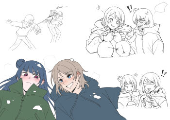 Rule 34 | !?, > <, +++, 2girls, :p, :q, absurdres, anger vein, blue eyes, blue hair, blue hoodie, blush, cat's tongue, collared jacket, dolls kissing, ear blush, eating, fang, food, green jacket, grey hair, grin, hair bun, highres, holding, holding food, holding snowball, hood, hoodie, jacket, jorpxn, love live!, love live! sunshine!!, multiple girls, nose blush, partially colored, purple eyes, short hair, single side bun, smile, snowball, snowball fight, snowman, throwing, tongue, tongue out, tsushima yoshiko, v-shaped eyebrows, watanabe you, yuri