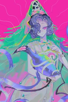 1girl black_hair bottle branch closed_mouth commentary_request dress hair_ornament hair_over_one_eye highres holding holding_bottle holding_branch jewelry looking_at_viewer lotus_hair_ornament necklace official_alternate_costume one_eye_covered pink_background pink_eyes reverse:1999 short_hair sleeveless sleeveless_dress smile snake snake_hair_ornament solo tuesday_(reverse:1999) tuesday_(story_of_the_jade_vase)_(reverse:1999) tuwo_xiongchao upper_body white_dress