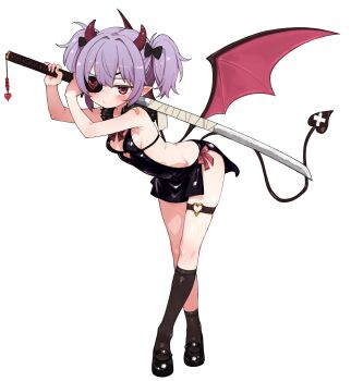 1girl absurdres breasts demon_tail demon_wings dress eyepatch highres holding horns komodj original pointy_ears purple_hair red_eyes simple_background socks solo sword tail twintails weapon white_background wings