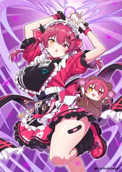 Rule 34 | 1girl, apron, bandaid on thigh, breasts, commentary request, dress, hair ribbon, heterochromia, highres, holding, holding microphone, hololive, hololive 3rd generation live outfit, houshou kumarine, houshou marine, large breasts, looking at viewer, microphone, official alternate costume, open mouth, red dress, red eyes, red hair, red ribbon, red shoes, ribbon, shoes, smile, socks, solo, torinokawori, virtual youtuber, white apron, white socks, yellow eyes