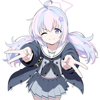 1girl ;) black_coat black_neckerchief blue_archive blue_hair blush coat commentary_request double_v grey_shirt grey_skirt hair_ornament halo highres kazu_sasuki long_sleeves looking_at_viewer low_twintails midriff multicolored_hair navel neckerchief one_eye_closed pink_hair pink_halo pleated_skirt purple_eyes reisa_(blue_archive) sailor_collar school_uniform shirt simple_background skirt smile solo star_(symbol) star_hair_ornament star_halo twintails two-tone_hair v white_background white_sailor_collar