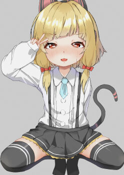1girl :3 animal_ear_headphones animal_ears aqua_necktie arm_behind_back black_skirt black_tail black_thighhighs blonde_hair blue_archive blush bow cat_ear_headphones cat_ears cat_tail collared_shirt commentary_request fake_animal_ears fake_tail frilled_skirt frills grey_background hair_bow headphones heart heart-shaped_pupils highres long_sleeves looking_at_viewer low-tied_sidelocks miniskirt momoi_(blue_archive) necktie no_jacket no_shoes nose_blush open_mouth pinching_sleeves pleated_skirt red_bow red_eyes shijimizil shirt short_hair short_necktie sidelocks simple_background skirt sleeves_past_wrists solo spread_legs squatting suspender_skirt suspenders sweatdrop symbol-shaped_pupils tail tail_raised thighhighs v white_shirt
