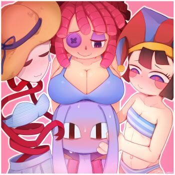 1boy 3girls :3 bikini blue_bikini blue_hat blush breast_rest breasts breasts_on_head brown_hair cleavage closed_mouth collarbone colored_skin cowboy_shot doll_girl dot_nose eyelashes flat_chest furry furry_male gangle_(the_amazing_digital_circus) half-closed_eyes hat hetero jax_(the_amazing_digital_circus) large_breasts loli looking_at_another looking_down medium_hair multiple_girls naughty_face oscarlllll pink_background pomni_(the_amazing_digital_circus) purple_eyes purple_skin rabbit_boy rabbit_ears ragatha_(the_amazing_digital_circus) red_hair red_hat short_hair simple_background striped_bikini striped_clothes swimsuit the_amazing_digital_circus two-tone_hat upper_body white_skin