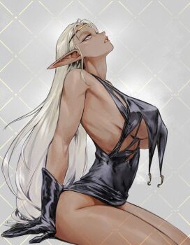 arm_support bare_shoulders bottomless breasts circlet covered_erect_nipples dark_elf dark_skin elf gabriel_carrasquillo gloves highres large_breasts legs_together long_hair parted_lips pirotess pointy_ears record_of_lodoss_war sitting torn_clothes white_hair yellow_eyes