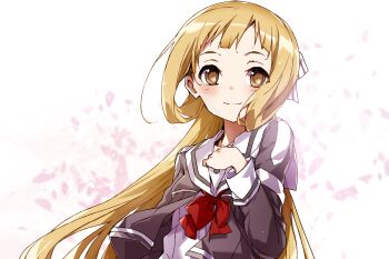 1girl absurdres black_coat blonde_hair bow breasts coat commentary_request floating_flowers hand_on_own_chest highres long_hair looking_at_viewer nogi_sonoko petals red_bow sailor_collar school_uniform serafuku shirt simple_background skinny small_breasts smile solo upper_body white_background white_shirt yellow_eyes yoru_kiri yuuki_yuuna_wa_yuusha_de_aru yuusha_de_aru