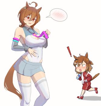 Rule 34 | !, 2girls, absurdres, agnes tachyon (umamusume), ahoge, animal ears, bare shoulders, braid, breasts, brown hair, brown tail, chibi, cleavage, clothes grab, clothing cutout, commentary request, cosplay, covered navel, detached sleeves, feet out of frame, grey skirt, hair between eyes, half up braid, highres, hip vent, horse ears, horse girl, horse tail, huge ahoge, jacket, jungle pocket (umamusume), lanceda, large breasts, leotard, leotard under clothes, mihono bourbon (mb-19890425) (umamusume), mihono bourbon (umamusume), mihono bourbon (umamusume) (cosplay), miniskirt, multiple girls, necktie, necktie grab, neckwear grab, open mouth, pants, pink necktie, red eyes, red jacket, red pants, short hair, simple background, skindentation, skirt, sleeveless, smile, spoken blush, standing, tail, thighhighs, thighs, tracen training uniform, track jacket, track pants, umamusume, white background, white leotard, white thighhighs