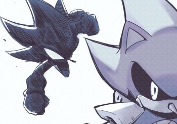 2boys attack dark_skin dark_sonic flying from_behind metal_sonic multiple_boys posojo123 robot sega sonic_(series) sonic_the_hedgehog white_eyes