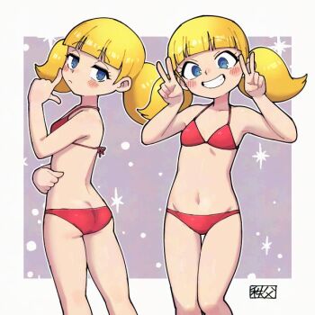 1girl ass bikini blonde_hair blue_eyes blunt_bangs blush border chichibu_(watson) closed_mouth commentary_request commission double_v eyelashes grey_background grin hand_up hands_up index_finger_raised inspector_gadget long_hair looking_at_viewer multiple_views outside_border penny_(inspector_gadget) red_bikini signature skeb_commission smile swimsuit teeth twintails v white_border