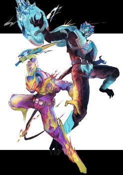 2boys absurdres animal_hood armor asymmetrical_horns barid_rex barid_rex_vistamp barid_vice blizzard blue_armor blue_eyes bodysuit clenched_hands commentary_request demon_boy extra_eyes fire flame_print gloves gold_horns highres hood horns ice kamen_rider kamen_rider_revi kamen_rider_revice kamen_rider_vice male_focus multiple_boys ohima_kajitu purple_armor purple_bodysuit red_eyes revice_driver revicelasher rider_belt sharp_teeth stylistic teeth tokusatsu tyrannosaurus_rex vistamp volcano_genome volcano_rex yellow_eyes yellow_gloves