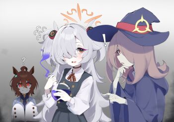 ! 3girls ? agnes_tachyon_(umamusume) animal_ears blue_archive brown_hair closed_mouth collared_shirt dress flask gen_(unzzenasd) grey_hair hair_between_eyes hair_over_one_eye halo hat highres holding holding_flask horse_ears kanoe_(blue_archive) lab_coat little_witch_academia long_hair long_sleeves multiple_girls open_mouth orange_eyes orange_halo pale_skin pinafore_dress pointing red_eyes shirt sleeveless sleeveless_dress smile sucy_manbavaran umamusume white_shirt wide_sleeves witch_hat