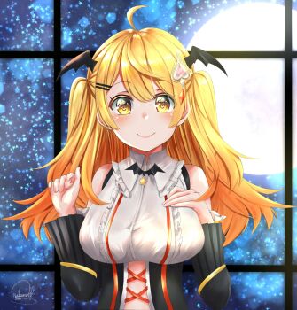 1girl absurdres ahoge black_wings blonde_hair breasts brooch bush collared_shirt commentary_request dated double-parted_bangs frilled_shirt frills hair_ornament hairclip head_wings heart heart_hair_ornament highres hololive jewelry large_breasts lips long_hair nakura_haru official_alternate_costume official_alternate_hair_length official_alternate_hairstyle shirt signature sleeveless sleeveless_shirt solo star_(symbol) twintails two_side_up virtual_youtuber white_shirt wings yellow_eyes yozora_mel yozora_mel_(girly)