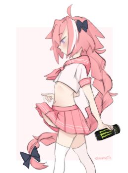 1boy ahoge artist_name astolfo_(fate) astolfo_(sailor_paladin)_(fate) astolfo_monster_cosplay_(meme) black_bow blur_censor blush bow braid bulge can censored closed_mouth cowboy_shot drink energy_drink erection erection_under_clothes fate/apocrypha fate/grand_order fate_(series) from_side hair_bow hair_intakes highres holding holding_can holding_drink long_braid long_hair male_focus meme midriff monster_energy multicolored_hair navel neckerchief official_alternate_costume pink_hair pink_neckerchief pink_sailor_collar pink_serafuku pink_skirt pleated_skirt precum precum_string purple_eyes sailor_collar school_uniform serafuku shirt short_sleeves single_braid skirt solo streaked_hair thighhighs trap twitter_username two-tone_hair vanabette very_long_hair walking white_hair white_shirt white_thighhighs