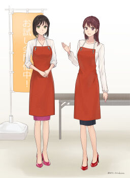 2girls absurdres apron black_hair black_skirt brown_eyes brown_hair commentary_request commission full_body green_eyes hand_up high_heels highres indoors long_hair long_sleeves multiple_girls office_lady original own_hands_together pencil_skirt pixiv_commission purple_shoes purple_skirt red_apron red_shoes setu_kurokawa shirt shoes short_hair skirt standing variant_set white_shirt