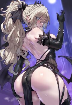 1girl alternate_costume ass back black_dress black_gloves black_panties blush breasts dress earrings ebora elbow_gloves fate/grand_order fate_(series) fingernails full_moon gloves grey_eyes hand_on_own_ass hand_up highres jewelry kriemhild_(fate) large_breasts looking_at_viewer looking_back low_wings mole mole_under_eye moon panties ponytail sharp_fingernails steaming_body sweat underwear white_hair wings