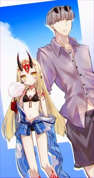 1boy 1girl bare_shoulders bikini black_bikini black_shorts blonde_hair blue_kimono blue_sky breasts collared_shirt cotton_candy eyewear_on_head facial_mark fate/grand_order fate_(series) forehead forehead_mark grey_eyes grey_hair grey_shirt hair_pulled_back highres horns ibaraki_douji_(fate) ibaraki_douji_(swimsuit_lancer)_(fate) ibaraki_douji_(swimsuit_lancer)_(first_ascension)_(fate) japanese_clothes kimono long_hair long_sleeves looking_at_viewer navel off_shoulder oni shirt short_hair short_kimono short_sleeves shorts sky small_breasts sunglasses swimsuit tattoo thighs watanabe_no_tsuna_(fate) watanabe_no_tsuna_(golden_trails)_(fate) wide_sleeves yellow_eyes yubeshi_(zecxl)