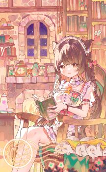 Rule 34 | 1girl, :d, animal ear fluff, animal ears, apron, basket, black skirt, blush, book, bow, braid, breasts, brown eyes, brown hair, cat, cat ears, cat girl, chair, chinese commentary, choker, clock, commentary request, feet out of frame, fish necklace, frilled apron, frilled choker, frilled skirt, frills, hair between eyes, hair bow, half updo, highres, holding, holding book, indoors, jewelry, long hair, medium breasts, miniskirt, necklace, night, on chair, open book, open mouth, original, partial commentary, pink bow, puffy short sleeves, puffy sleeves, reading, red bow, sample watermark, short sleeves, sidelighting, sidelocks, sitting, skirt, sleeve bow, smile, solo, twin braids, very long hair, watermark, white apron, white cat, window, xianyuzi