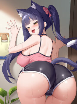 1girl alexmaster animal_ear_fluff animal_ears ass back bare_arms black_shorts blush bow breasts camisole cat_ears cat_girl cat_tail commentary_request hair_bow huge_breasts long_hair looking_at_viewer nape naughty_face original pink_bow pink_camisole plant potted_plant purple_eyes purple_hair short_shorts shorts shoulder_blades sideboob sidelocks solo standing tail thighs twintails