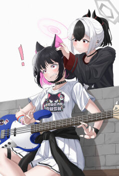 ! 2girls :3 absurdres adult_aongly animal_ear_fluff animal_ears black_choker black_hair black_jacket black_sweater blue_archive blunt_bangs bob_cut bracelet cat_ears cat_girl choker clothes_around_waist colored_inner_hair commentary_request couch crossed_arms demon_girl demon_horns electric_guitar english_text extra_ears guitar hair_between_eyes hair_ornament hairclip halo highres holding holding_ears holding_instrument hood hooded_sweater horns instrument jacket jacket_around_waist jewelry kayoko_(blue_archive) kazusa_(band)_(blue_archive) kazusa_(blue_archive) logo long_hair long_sleeves looking_at_another multicolored_hair multiple_girls music official_alternate_costume on_couch playing_instrument pleated_skirt ponytail print_shirt red_eyes ring shirt short_hair short_sleeves sidelocks simple_background sitting skirt surprised sweater t-shirt thigh_strap two-tone_hair white_background white_hair white_shirt white_skirt