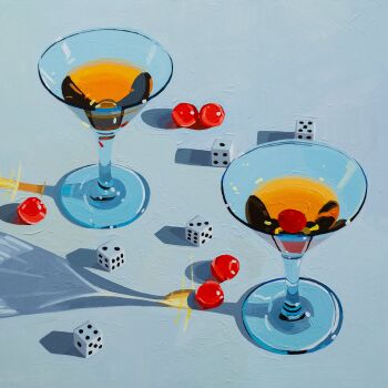 absurdres alcohol cherry cocktail_glass commentary cup dice drink drinking_glass english_commentary food fruit highres leah_gardner martini no_humans oil_painting_(medium) original painting_(medium) still_life traditional_media