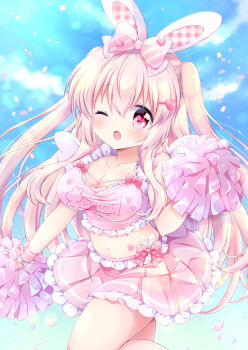 1girl ;d animal_ears bow breasts cheerleader chiika_(cure_cherish) cleavage cloud collarbone confetti cowboy_shot frilled_skirt frills hair_bow hair_ornament hairclip heart heart_hair_ornament large_breasts long_hair looking_at_viewer midriff navel one_eye_closed open_mouth original outdoors pink_bow pink_eyes pink_skirt pink_tank_top pom_pom_(cheerleading) rabbit_ears skirt sky smile solo striped_bow tank_top two_side_up waist_bow white_hair wrist_cuffs