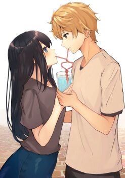 1boy 1girl black_hair black_shirt blonde_hair blue_eyes blush brick_road closed_mouth couple cup drinking_glass drinking_straw drinking_straw_in_mouth from_side hayama_hayato hetero holding holding_cup holding_hands long_hair looking_at_another profile shared_drink shared_straw shiina_aoi shirt short_hair standing t-shirt white_shirt yahari_ore_no_seishun_lovecome_wa_machigatteiru. yellow_eyes yukinoshita_yukino