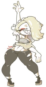 1girl aliasing alternate_hair_color arm_up blonde_hair capelet chest_sarashi closed_eyes eyeliner eyeshadow full_body gountro grin groin hair_over_one_eye makeup navel nintendo octoling pants sandals sarashi sharp_teeth shiver_(deep_cut_outfit)_(splatoon) shiver_(splatoon) smile solo splatoon_(series) splatoon_3 teeth tentacle_hair thick_thighs thighs torn_clothes torn_pants wide_hips