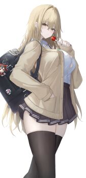 1girl 7saki absurdres alternate_costume bag black_skirt black_thighhighs blonde_hair breasts candy character_doll commentary_request doll food hair_between_eyes hakurei_reimu hand_in_pocket highres holding holding_candy holding_food holding_lollipop kirisame_marisa koakuma large_breasts lollipop long_hair long_sleeves looking_at_viewer miniskirt pleated_skirt school_bag school_uniform simple_background skirt solo thighhighs touhou white_background yellow_eyes