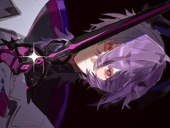 1boy black_background black_horns cape colored_eyelashes crossed_bangs double-parted_bangs dragon_horns durin_(genshin_impact) festering_desire_(genshin_impact) genshin_impact gloves hashtag-only_commentary highres holding holding_sword holding_weapon horns irzm30 male_focus purple_hair red_eyes sideways solo sword weapon white_cape white_gloves