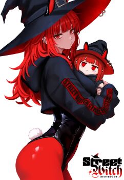 1girl animal_ears black_hat black_hoodie black_leotard character_doll closed_mouth clothes_writing commentary cropped_hoodie doll ear_piercing fake_animal_ears fake_tail from_side hat hat_with_ears highres holding holding_doll hood hoodie leotard light_blush long_hair looking_at_viewer original pantyhose piercing rabbit_ears rabbit_tail red_eyes red_hair red_pantyhose simple_background solo standing tail two-sided_fabric two-sided_headwear val_(yan_kodiac) white_background witch_hat yan_kodiac